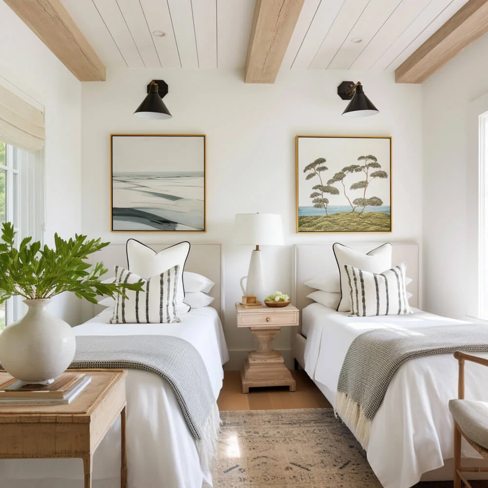 Small guest bedroom with two twin beds and large scale art hanging above each bed