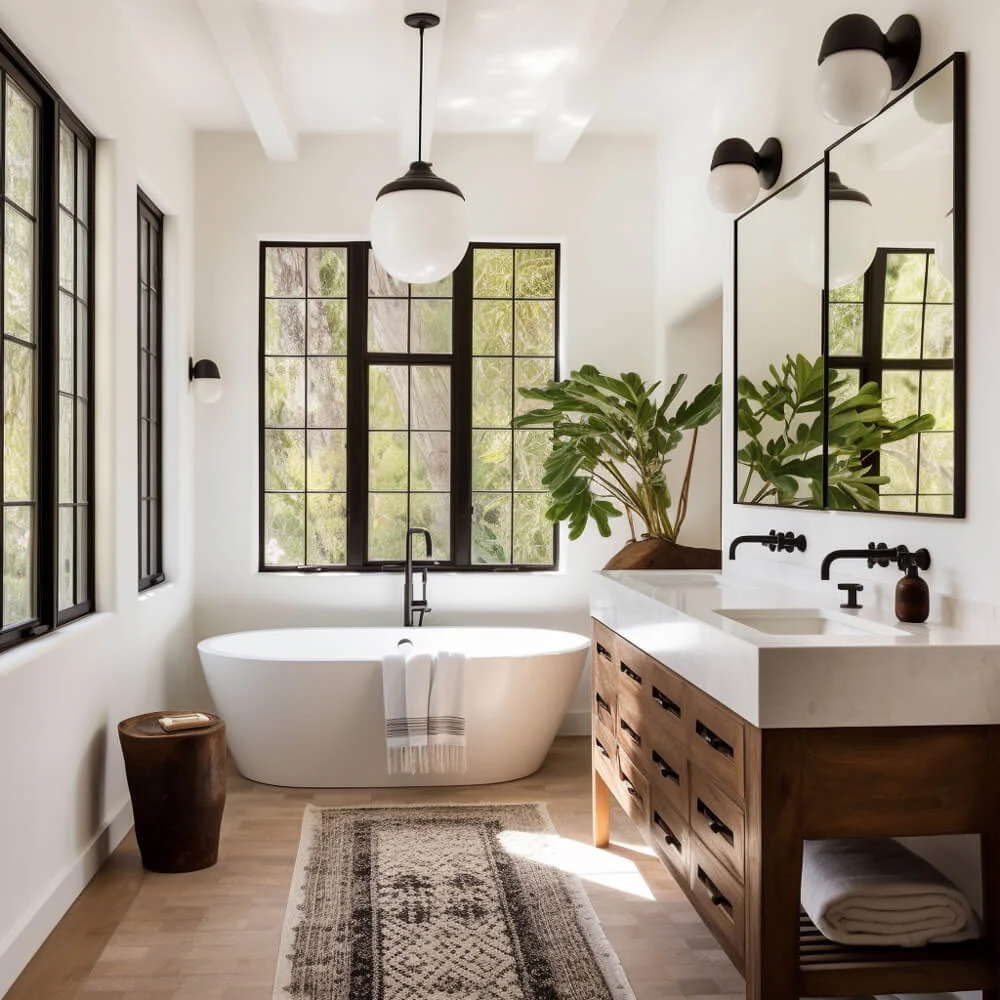 Large freestanding tub below black windows. Black bathroom light above mirrors. Modern wooden bathroom vanity