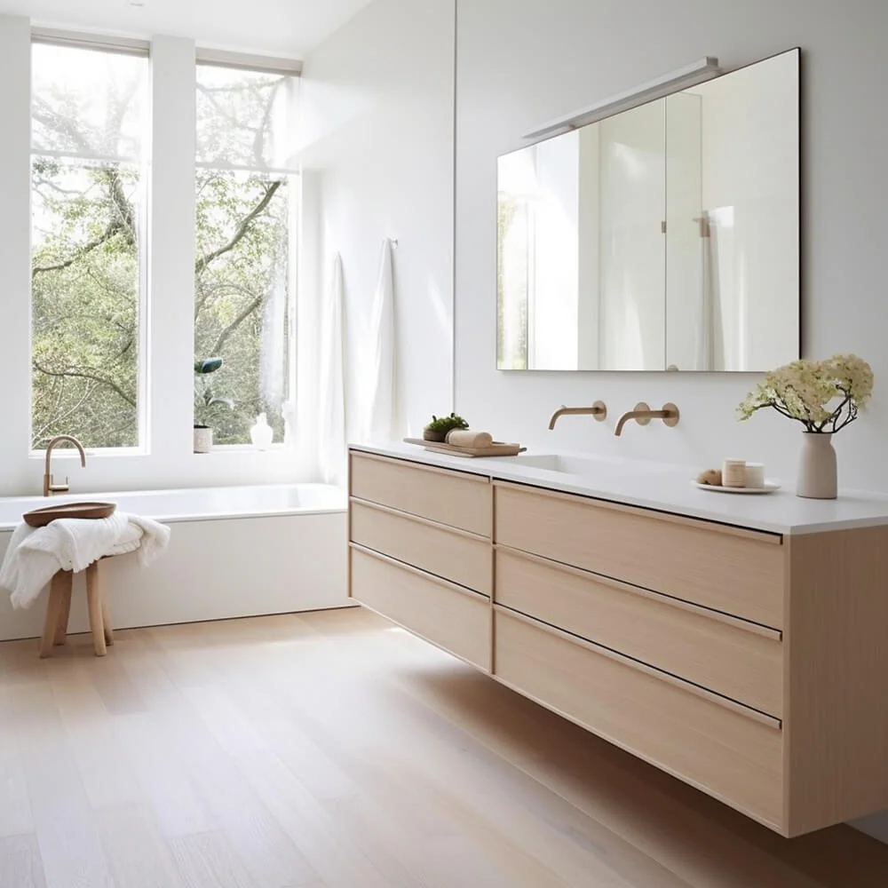Modern bathroom light fixtures above mirror with a wooden vanity and a large window above a bathtub