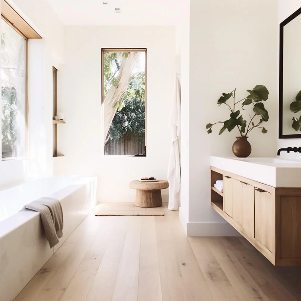 Light and airy bathroom with a wooden vanity and modern bathroom lighting