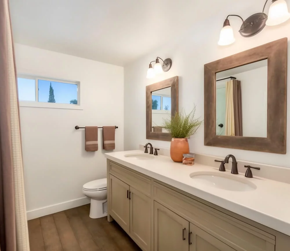 Neutral bathroom with a double vanity and bathroom lights over mirror