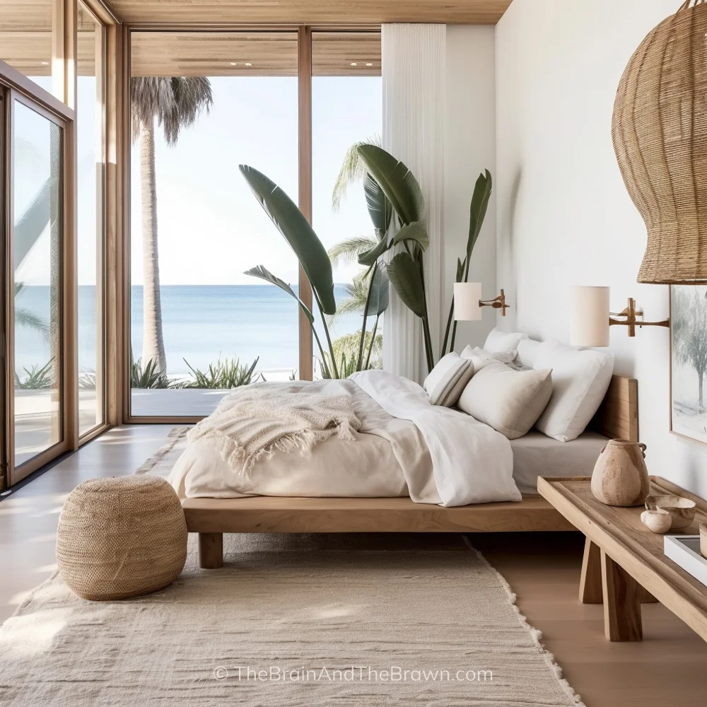 A bedroom with large floor to ceiling windows and a wooden platform bed frame design with neutral bedding and white walls. White and brass wall sconces hang on either side of the bed and a neutral rug lays below the bed.
