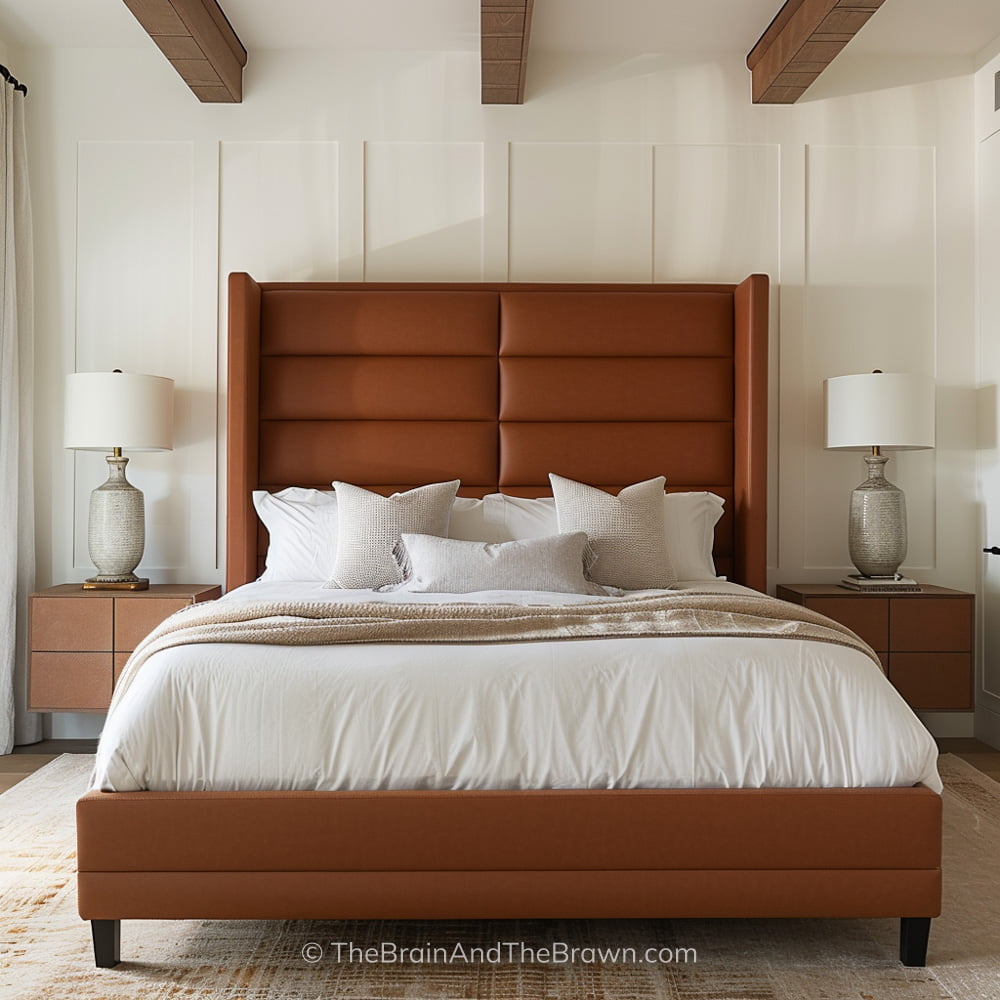 A leather upholstered bed frame design with white bedding and white walls. Two matching wooden nightstands are on each side of the bed with two matching table lamps on each nightstand. 