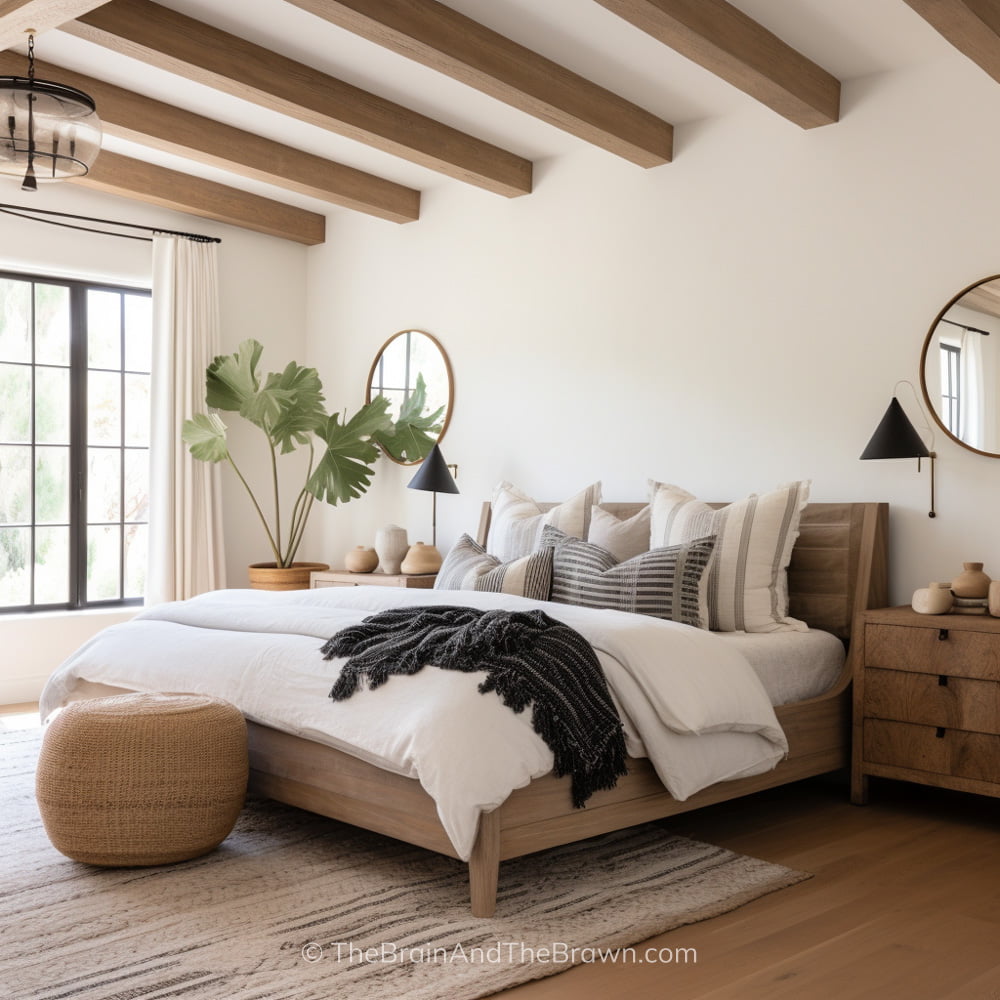A large, high ceiling bedroom with wooden beams on the ceiling and a wooden bed frame idea with neutral bedding and two wooden nightstands and black walls sconces on each side of the bed. A neutral striped rug lays below the bed.