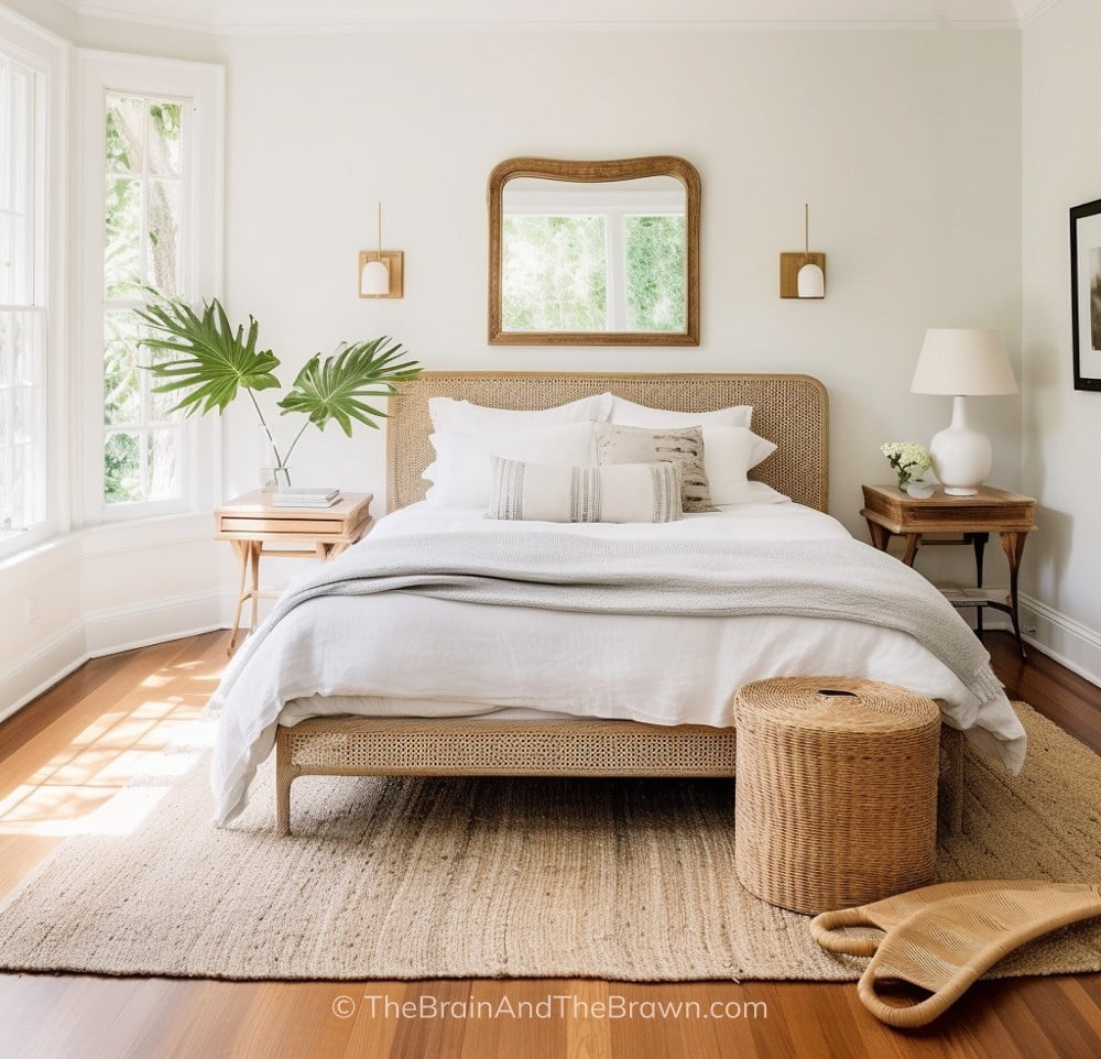White bedroom with a woven bed frame with headboard. Wooden mirror hangs above the headboard and two wooden nightstands are on each side of the bed. A jute rug sits under the bed. 