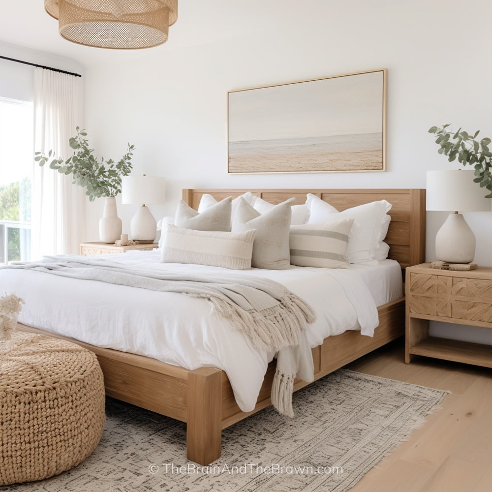 Wooden bedframe with storage and white bedding. Two matching wooden nightstands on each side of the bed and one large piece of art hangs above the bed. A woven pouf sits at the foot of the bed with a neutral patterned rug underneath the bed.