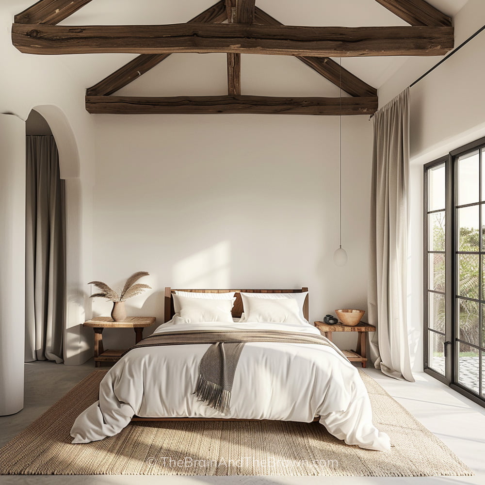 A bedroom with high ceilings and wooden ceiling beams with a bed headboard and white bedding on the bed. Two wooden nightstands on either side of the bed and a jute rug lays below the bed. One large wall of windows.