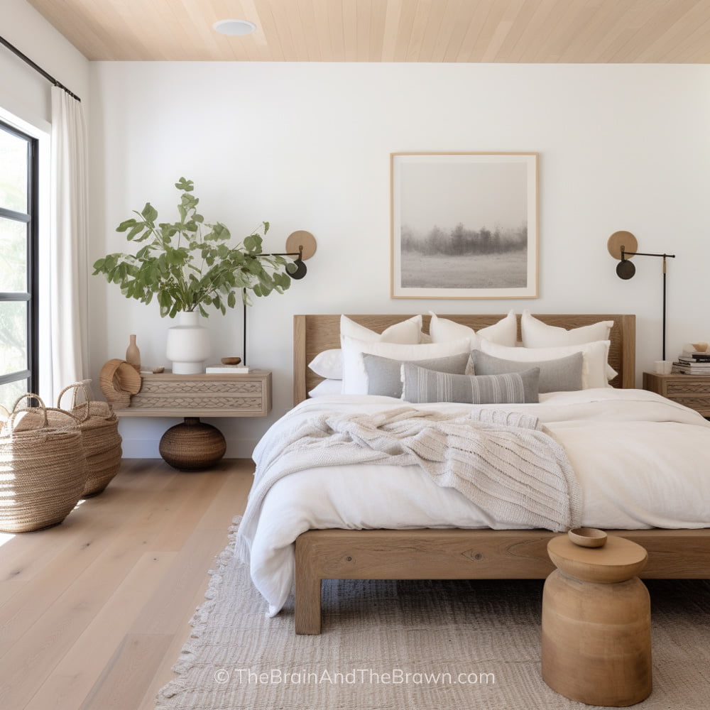 A wooden bed frame is in the middle of the room with two floating wooden nightstands on each side of the bed. A large piece of art and wall sconces hang on the wall behind the bed. 