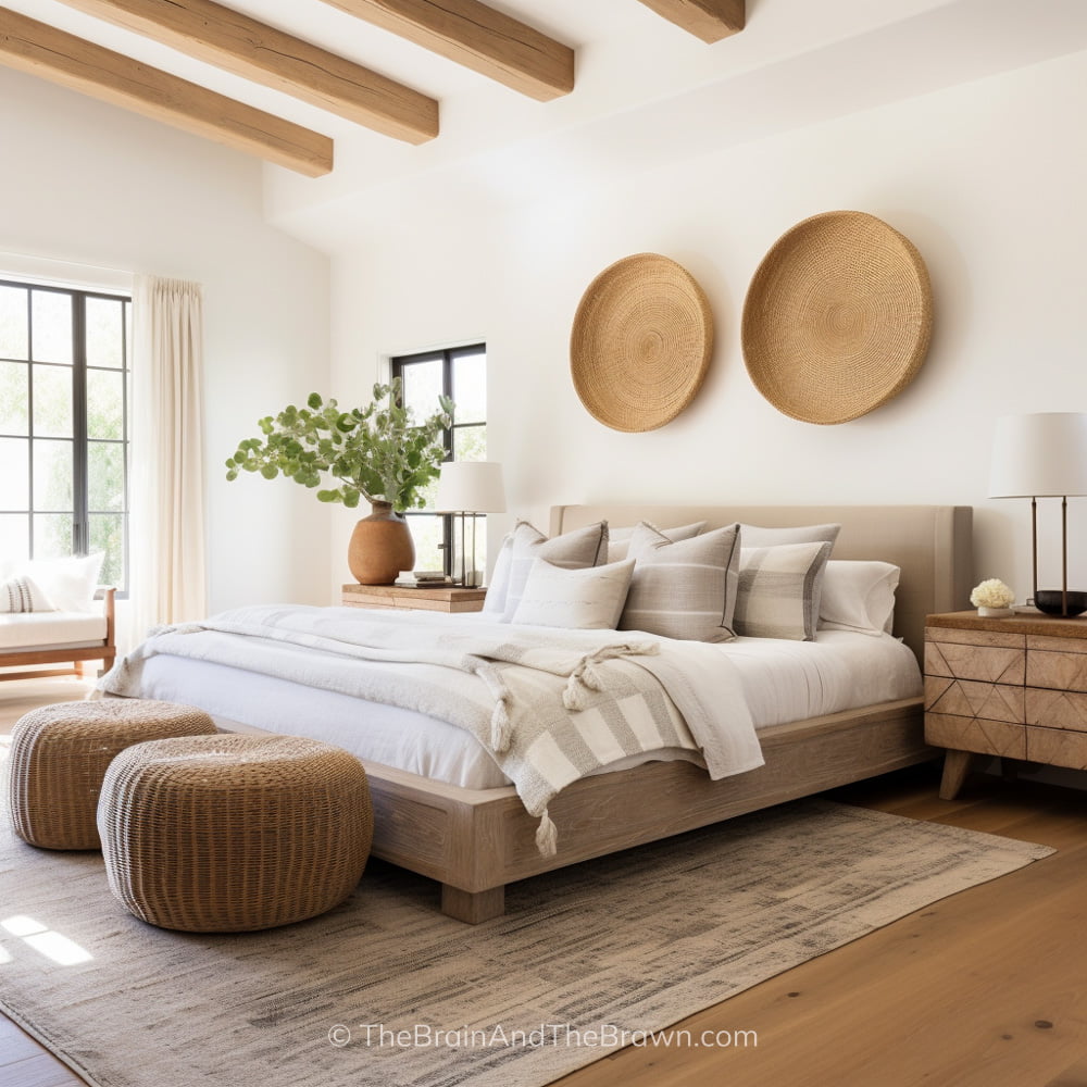 Bedroom with a wooden bed frame idea and white bedding. Two matching wooden nightstands on each side of the bed and two woven poufs at the end of the bed with a rug underneath the bed. Two woven baskets hang above the bed.