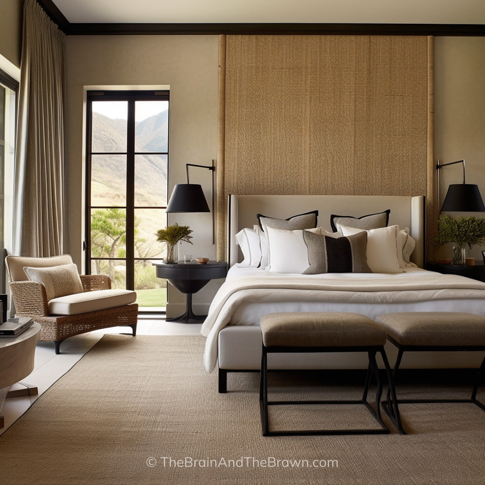 An upholstered bed frame design sits in from of a woven focal wall and two black wall sconces hang on either side of the bed frame. Neutral bedding on the bed with two small upholstered benches at the foot of the bed. Large neutral rug lays below the bed.