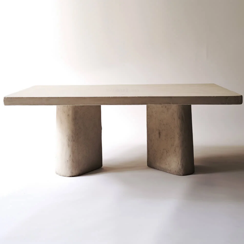 A rectangular plaster dining table design with blended double pedestal  base