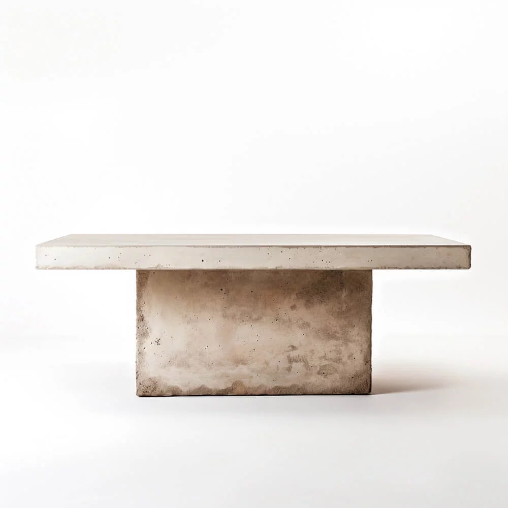 Plaster dining table design with rectangular, single base and rectangular top.