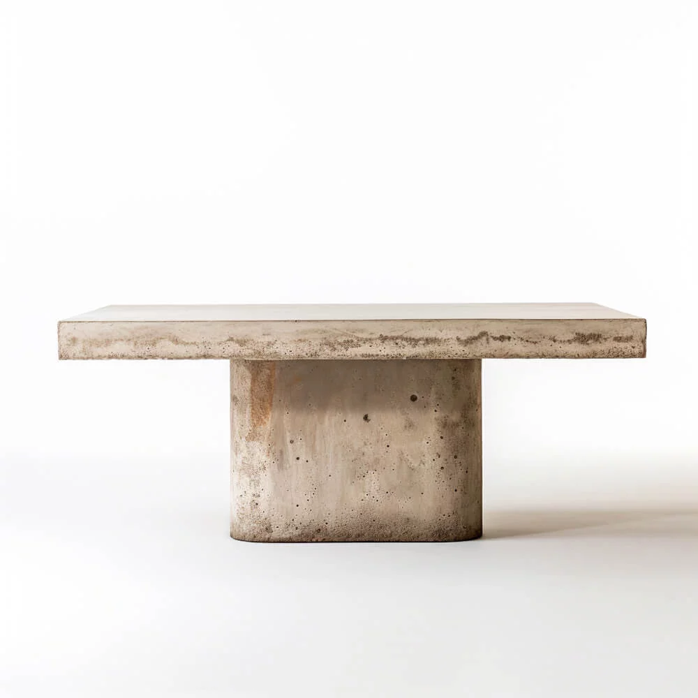 A rectangular, plaster dining table design option with a large, singular base