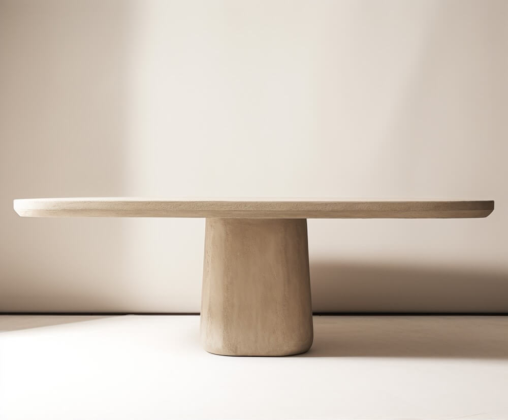 An organic plaster dining table design with single base 