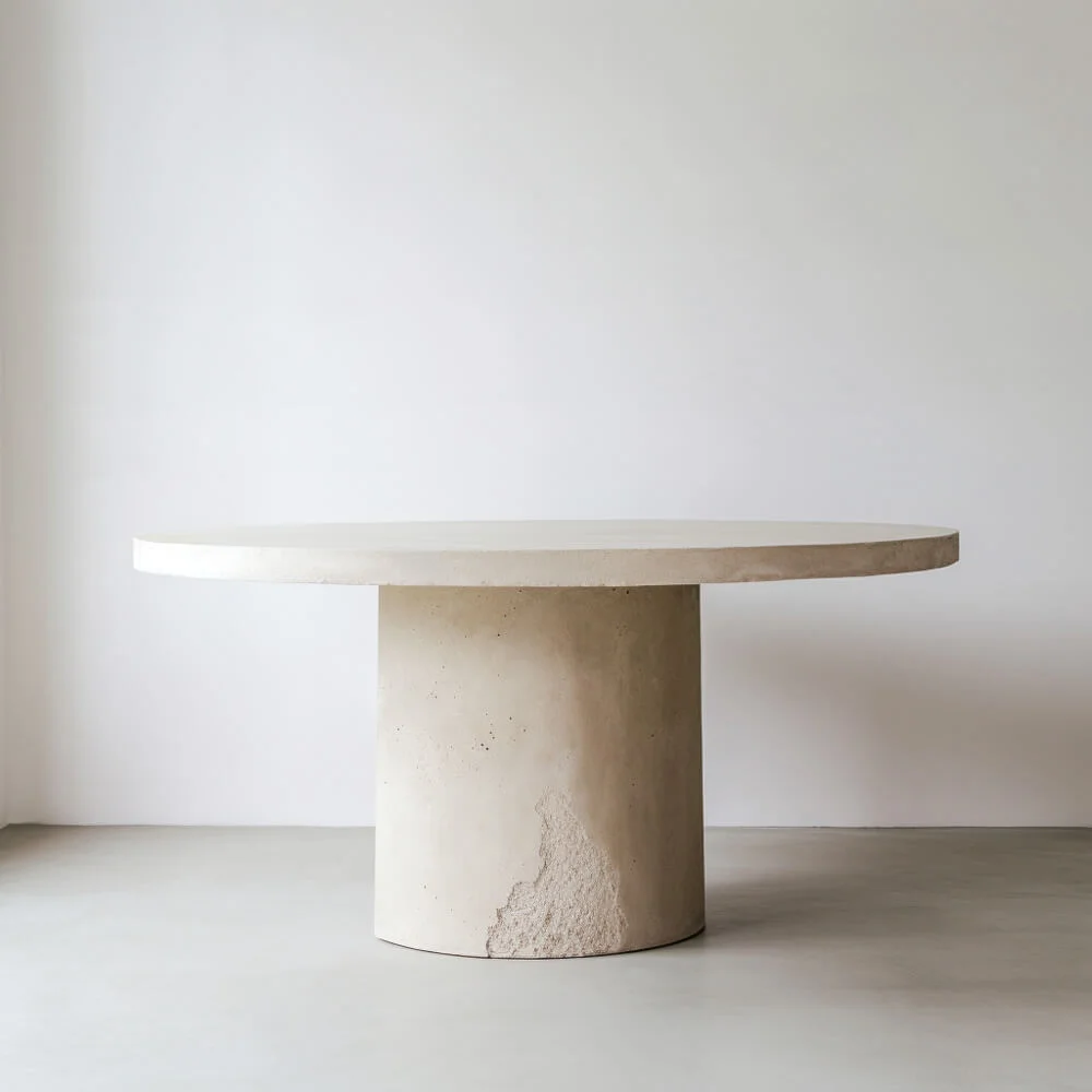 Round, white plaster dining table with a singular round base.