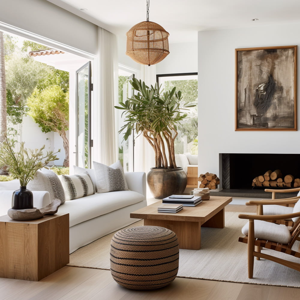 Light and airy living room with a neutral area rug and a white sofa. Rectangular wooden coffee table in the middle and a large white fireplace on one wall.