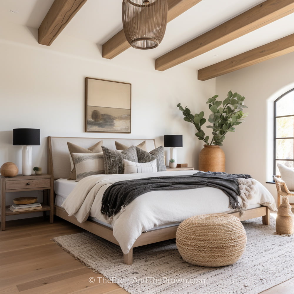 Wooden and upholstered headboard design with white bedding and neutral pillows. wooden nightstands on either side of the bed and a large square piece of art hangs above the bed. A neutral rug lays under the bed and a large round woven pouf sits at the foot of the bed.