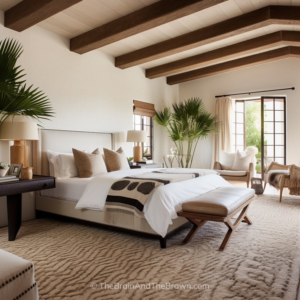 A large bedroom with a wood ceiling and a neutral upholstered bed frame design with neutral bedding. A neutral rug lays below the bed and a leather and wood bench sits at the foot of the bed.