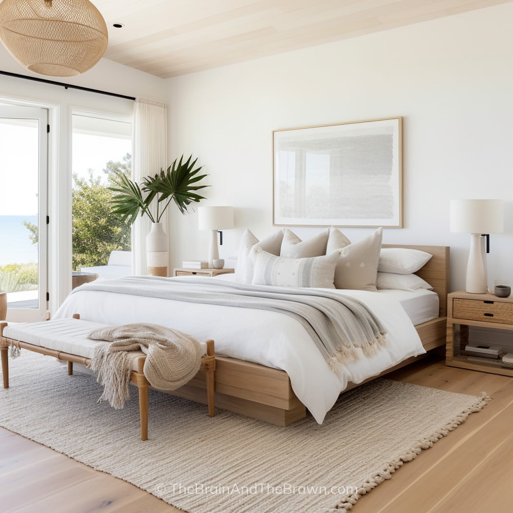 Wooden bedframe design in a light and airy bedroom with a large piece of art above the bed and two matching wooden nightstands on either side of the bed. A bench sets at the end of the bed. 