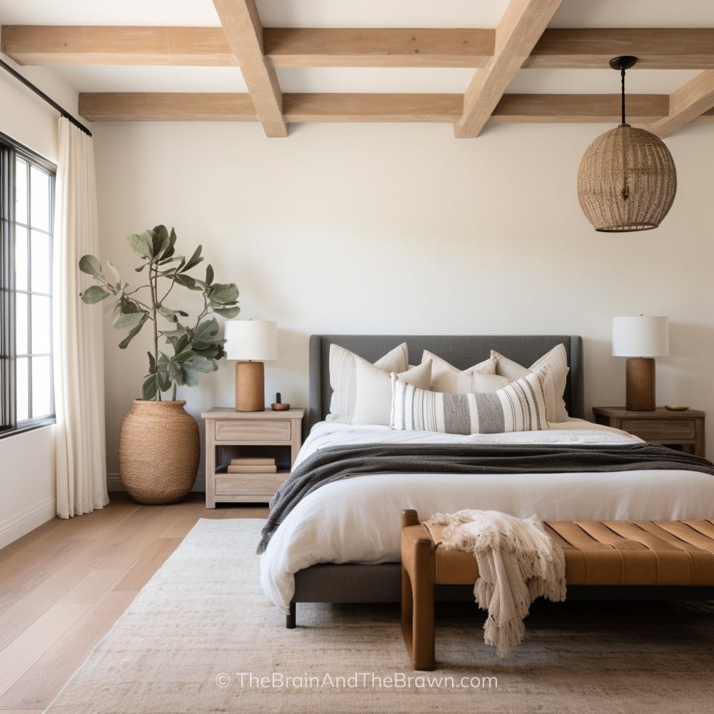 A gray upholstered bed frame idea in a white bedroom. Two matching wooden nightstands on either side of the bed. A leather and wooden bench sits at the foot of the bed and a neutral rug lays below the bed. The bedroom has a wooden grid ceiling and a woven light fixture.