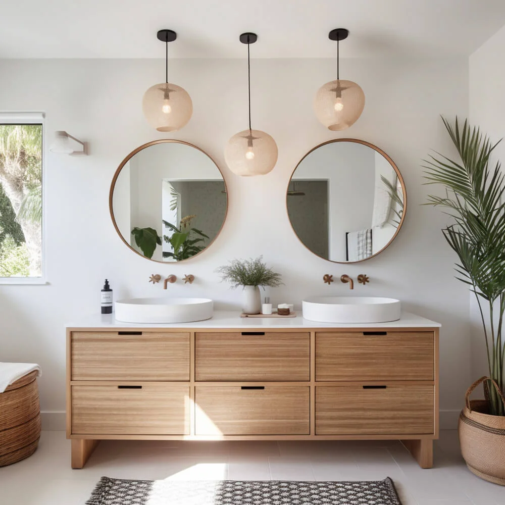 Pendant bathroom light above mirror. 3 pendant light fixtures hang above a wooden double vanity with two sinks and two round mirrors.