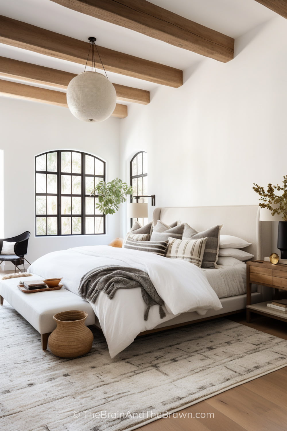 A bedroom with wooden beams, round light fixture and black paned windows with an upholstered bed frame design. White bedding on the bed with neutral colored pillows and wooden nightstands on each side of the bed. A white bench sits at the end of the bed and a large white rug lays under the bed.