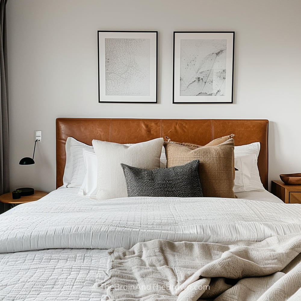Leather bed headboard design with white bedding and neutral pillows. Bedroom has white walls and two pieces of artwork above the bed in black frames.