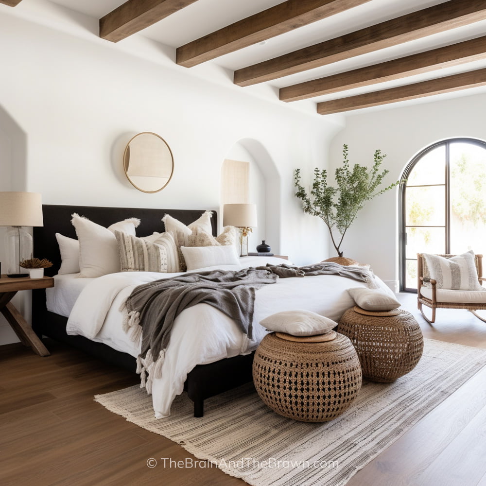A large white bedroom with a dark upholstered bed frame design and a brass circle mirror hangs above the bed. Neutral bedding on the bed and two large round stools sit at the foot of the bed. Wooden beams on the ceiling of the bedroom. A neutral striped rug lays below the bed.