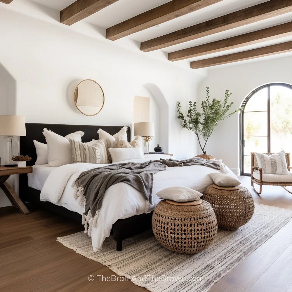 A large white bedroom with a dark upholstered bed frame design and a brass circle mirror hangs above the bed. Neutral bedding on the bed and two large round stools sit at the foot of the bed. Wooden beams on the ceiling of the bedroom. A neutral striped rug lays below the bed.