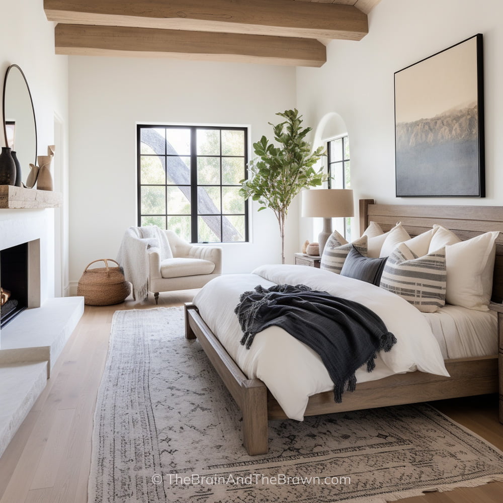White bedroom with white fireplace and black windows. A wooden bed frame design with a large rug underneath and a chair in the corner of the room.