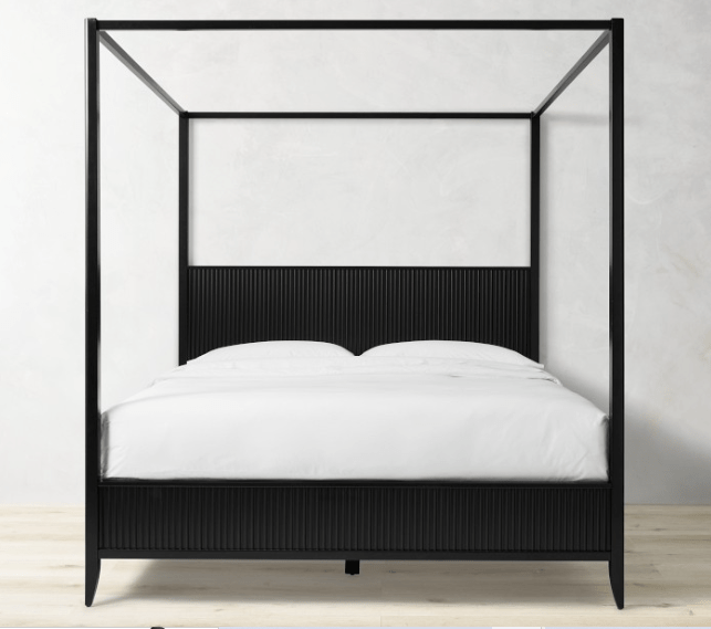 Modern black canopy bed frame design with white bedding