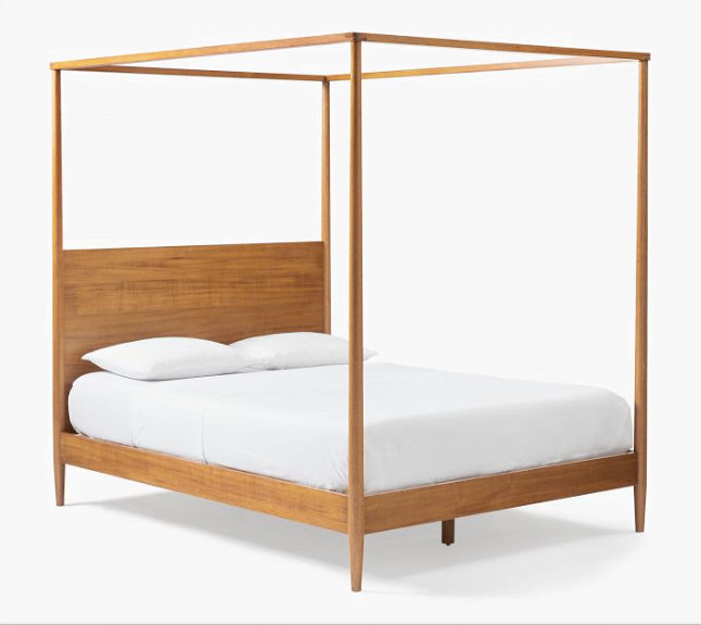 Wooden canopy bed frame idea with white bedding. 
