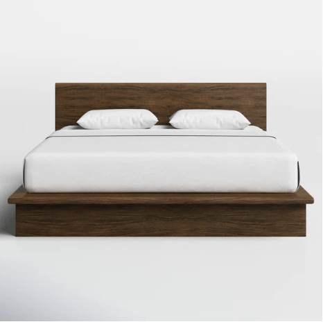 Modern wooden bed frame idea with white bedding