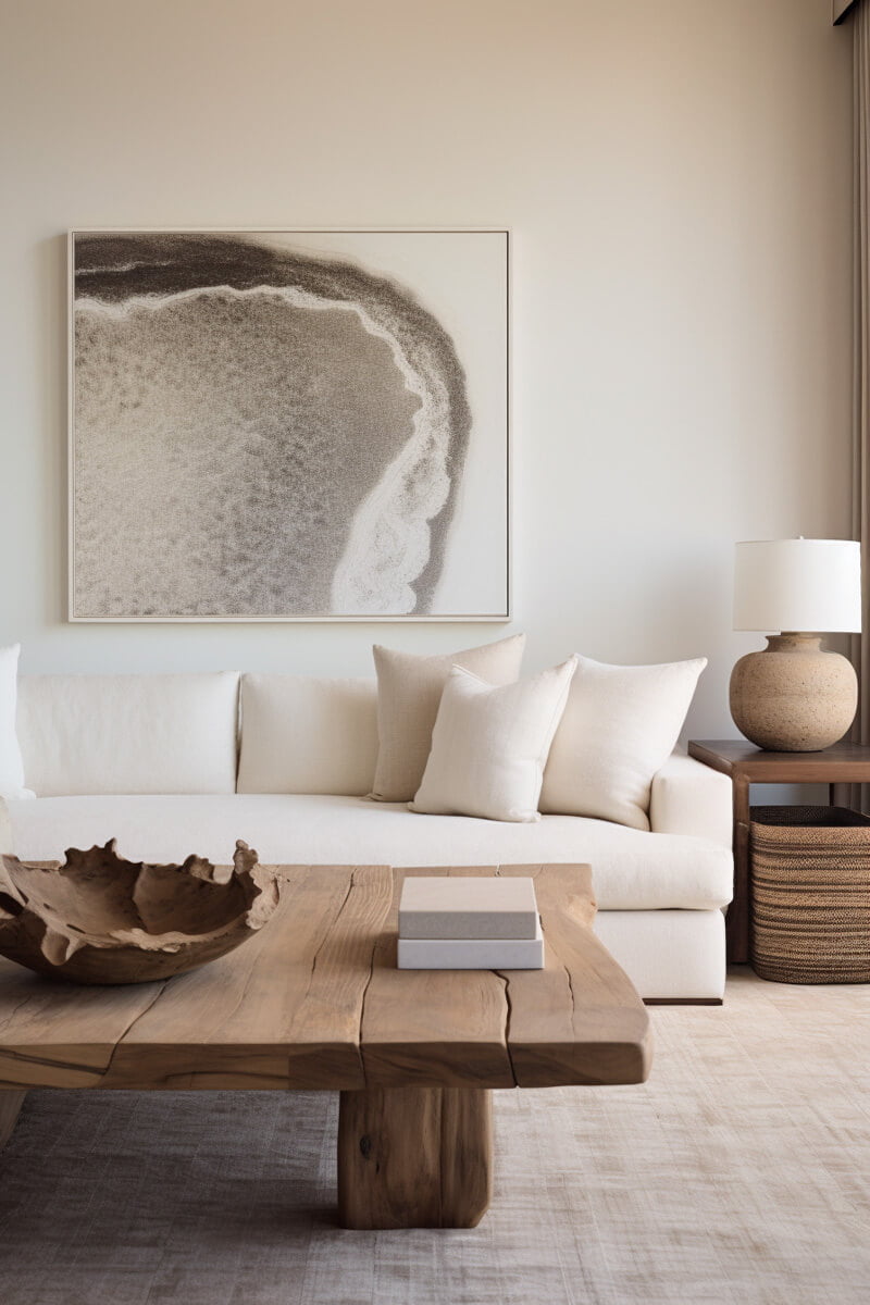 Neutral living room with neutral area rug and wooden coffee table. A large piece of art hangs above a white sofa.