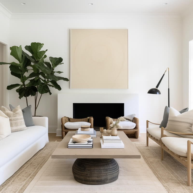 Living room with a white fireplace and a large piece of art above it. Two small chairs sit in front of the fireplace. A large fiddle fig plant is in the corner. A couch, coffee table and two chairs sit on top of two layered area rugs.