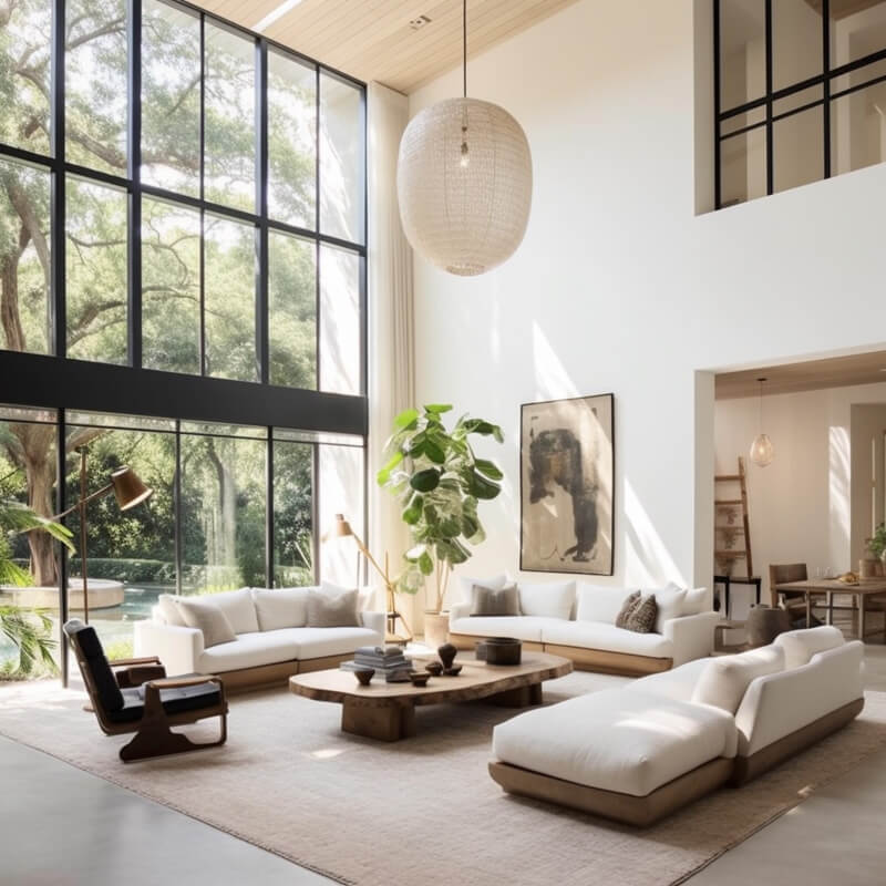 A large two story living room with a wall of windows. A large neutral area rug that has three sofas, a chair and large wooden coffee table on top of it.