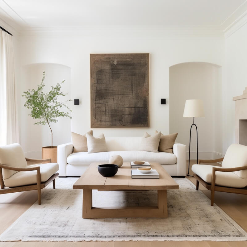 A modern, traditional living room with a white sofa and one chair on each side of the sofa. A wooden coffee table sits on top of a neutral patterned rug. A large scale piece of art hangs on the wall with an indoor plant in one corner.