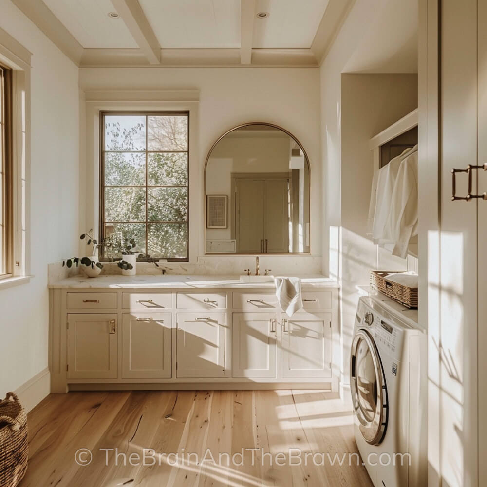 A beautiful laundry room with built in cabinetry and sink. A large mirror hangs on the wall as laundry room wall decor. 