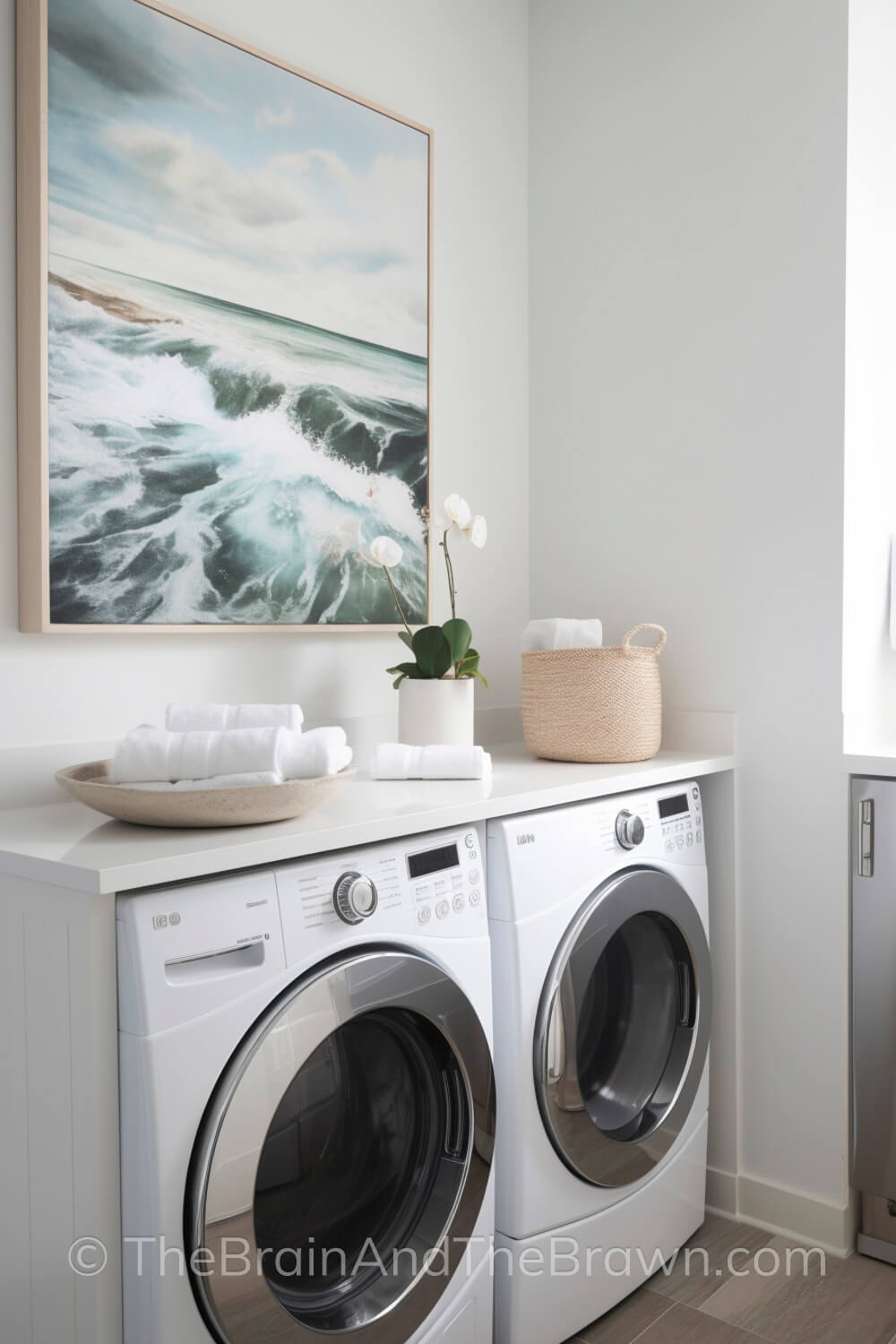 A large piece of laundry room artwork hangs above a washer and dryer. A woven basket, plant and wooden bowl sit on top of the washer and dryer.