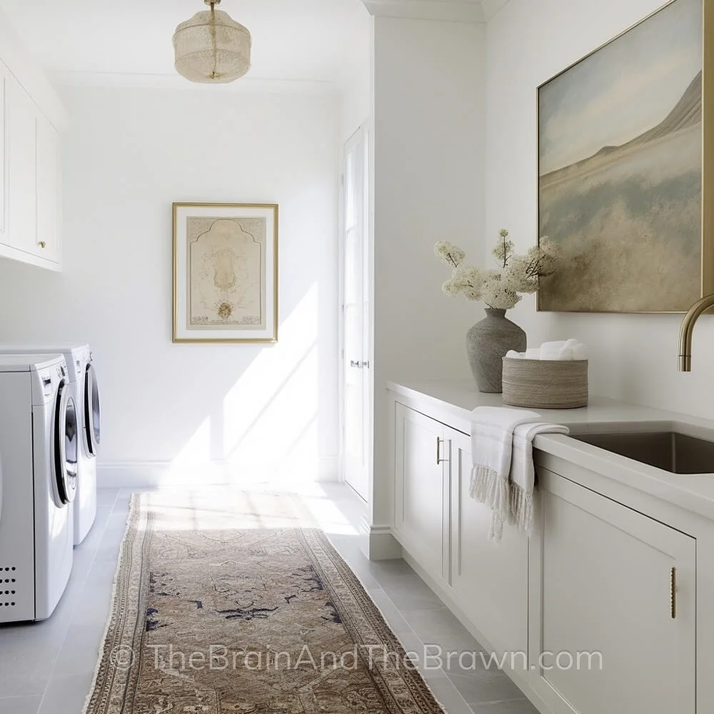 A light and bright laundry room with laundry room art ideas hanging on the wall. A runner rug lays on the floor