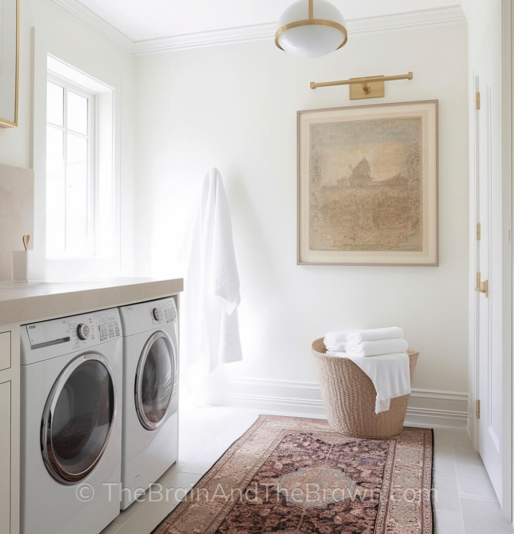 A beautiful laundry room rug lays on the floor of a light and bright laundry room. Artwork hangs on the wall below an picture light. Woven basket sits on the floor