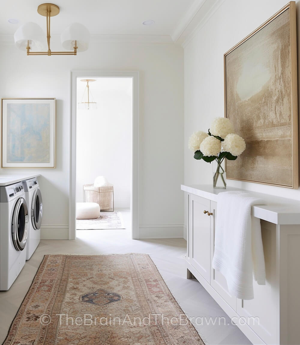 A large laundry room rug sits in front of a washer and dryer. Two large pieces of artwork hang on the walls. A gold light fixture hangs from the ceiling. 