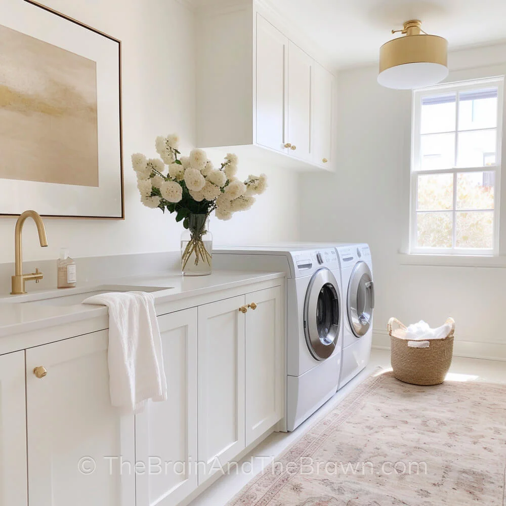 A light and airy laundry room with white built in cabinetry and a sink. Flowers sit on top of the cabinet. A large piece of laundry room art is behind the sink. A rug lays on the ground with a woven laundry basket on top. 