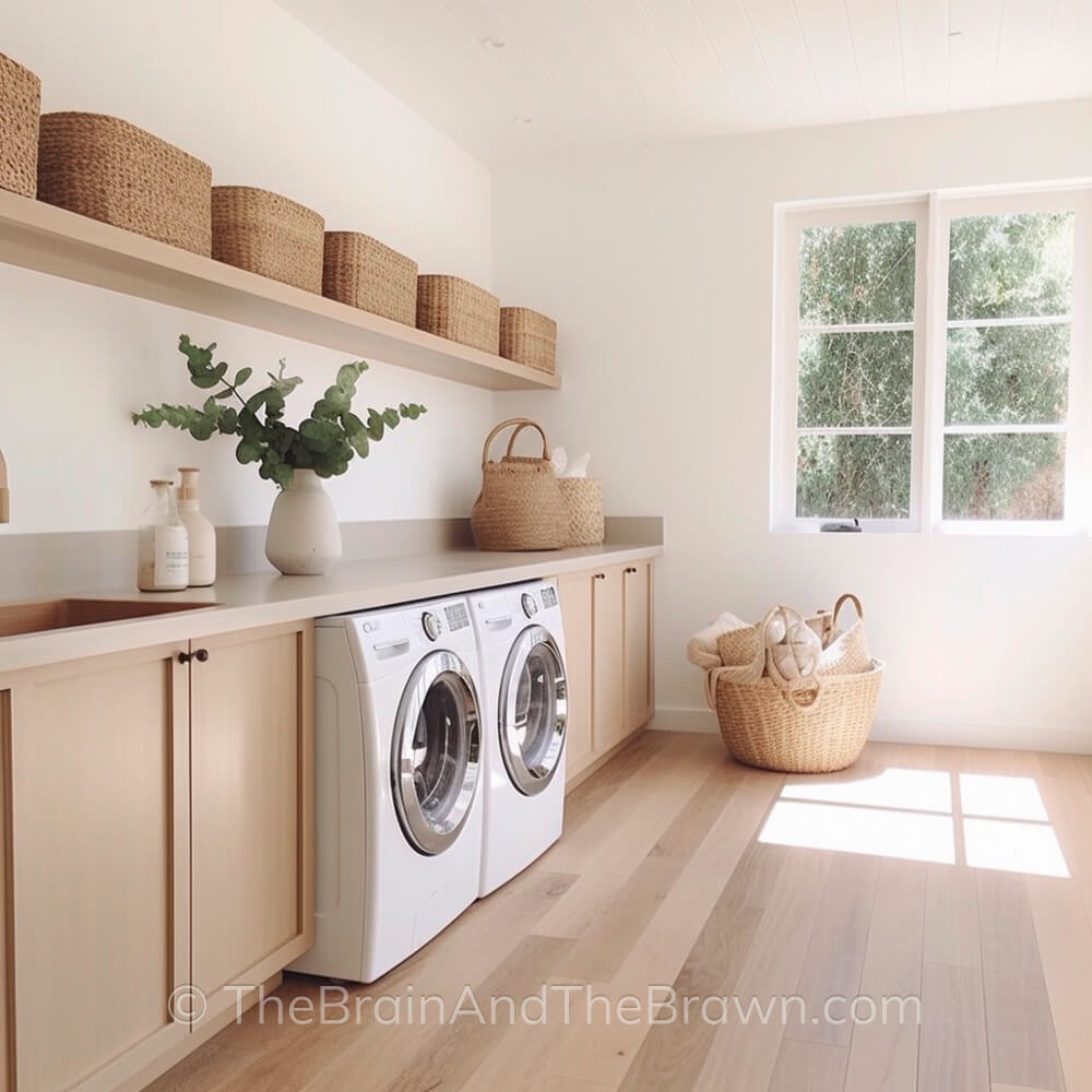 A large laundry room with wooden floors and wooden cabinetry. A long wooden shelf has woven baskets on top of it and acts as wall decor. A plant and woven baskets sit on the countertop. 