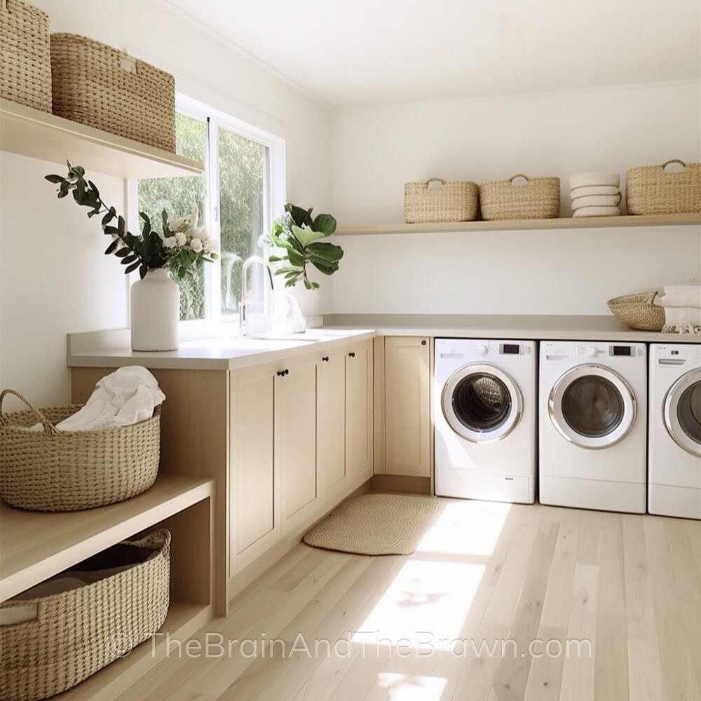 A large laundry room with light wood floors and light wood cabinetry. A large wooden shelf hangs from the wall and holds wicker baskets. Plants sit on the countertop. 