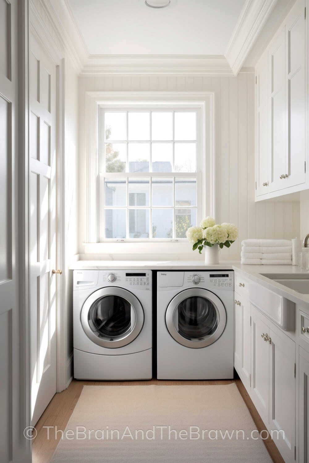 White laundry room with vertical bead board on the walls. Washer and dryer sit below the window. A neutral laundry room rug lays on the floor