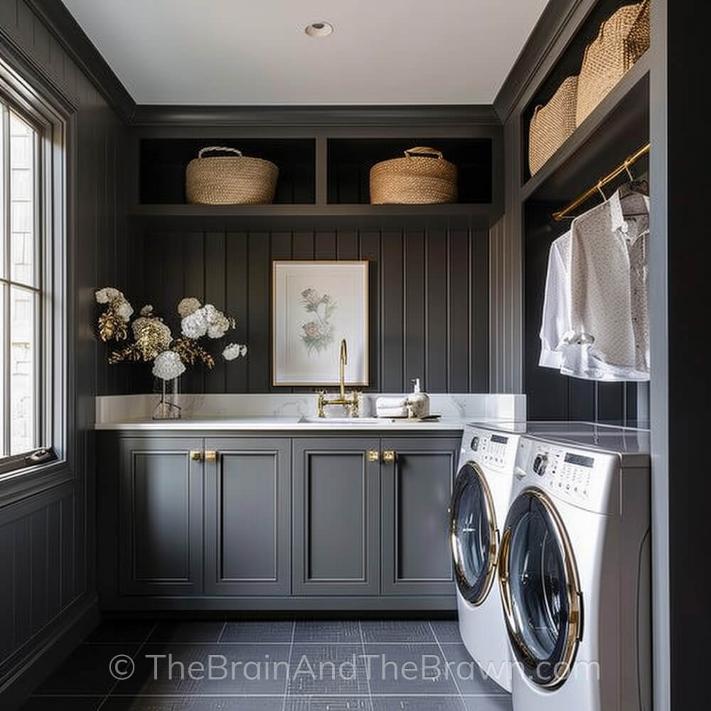 A dark and moody laundry room color with dark walls, cabinetry and floors. 