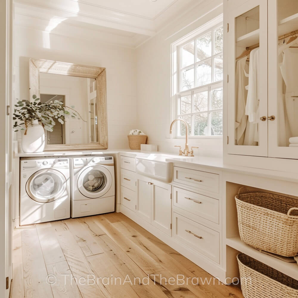 Farmhouse laundry room decor ideas. A laundry room with a large mirror sits on a countertop above the washer and dryer. A large farmhouse sink is below a window. Woven laundry baskets sit on shelves. 