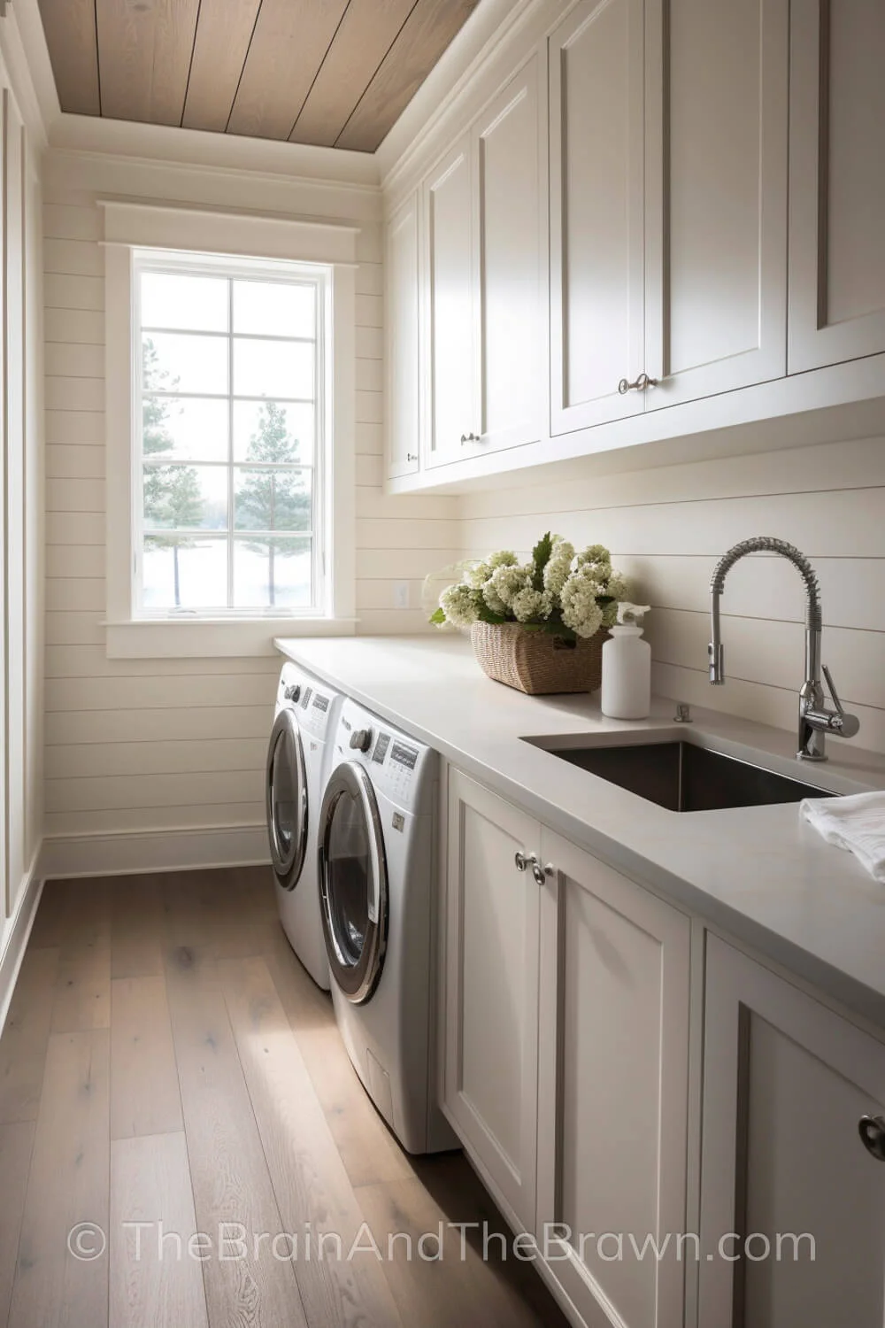 A small laundry room decor idea with white horizontal shiplap and a long wall of cabinetry. Flowers sit on top of the countertop. 