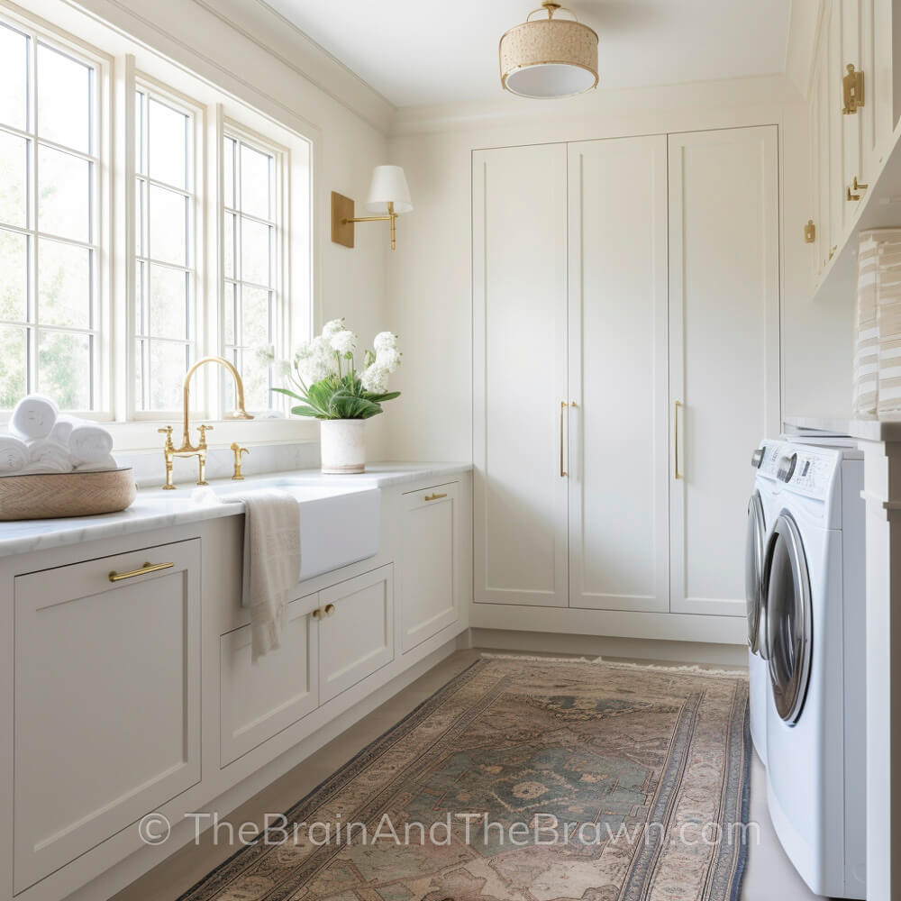A large laundry room rug sits in front of a washer and dryer and a wall of cabinetry. A large farmhouse sink sits below a wall of windows. A gold wall sconce hangs from the wall and a woven light fixture hangs from the ceiling and provides laundry room lighting ideas.